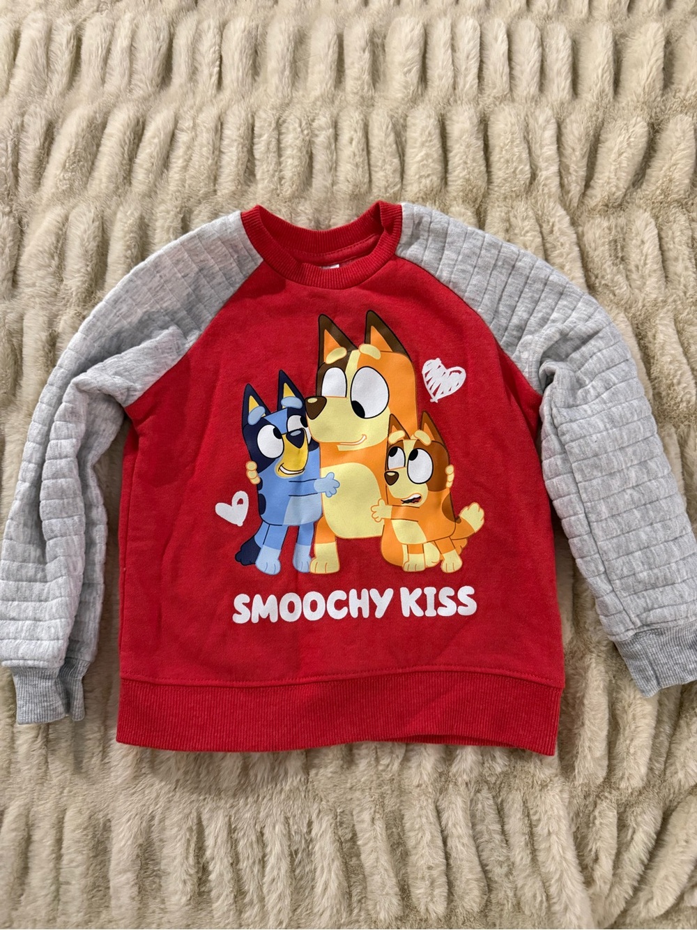 Kids Red Bluey 'Smoochy Kiss' Graphic Sweatshirt with Gray Quilted Sleeves